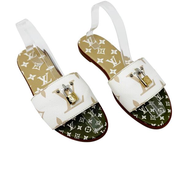 Louis Vuitton White Green Tan Monogram Lock It Flat Mules Sandals Size 40 RARE - Picture 1 of 12